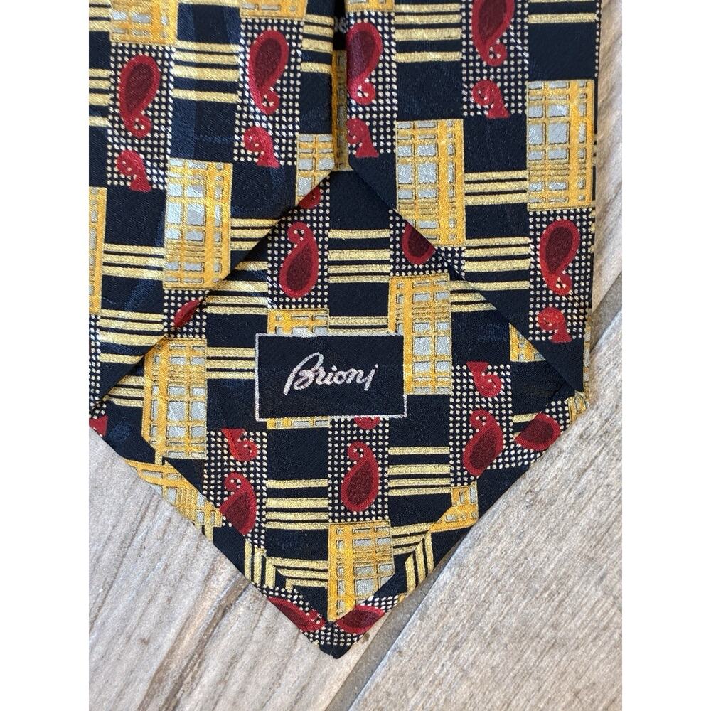 VTG Brioni Italy Silk Tie Extra Long 60" XL Gold Navy Blue Red Paisley Geometric - Picture 5 of 7